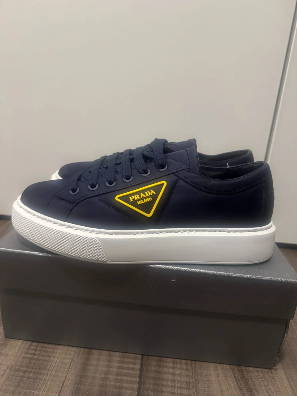 Prada Navy Sneakers with Yellow Logo Patch and White Platform Sole